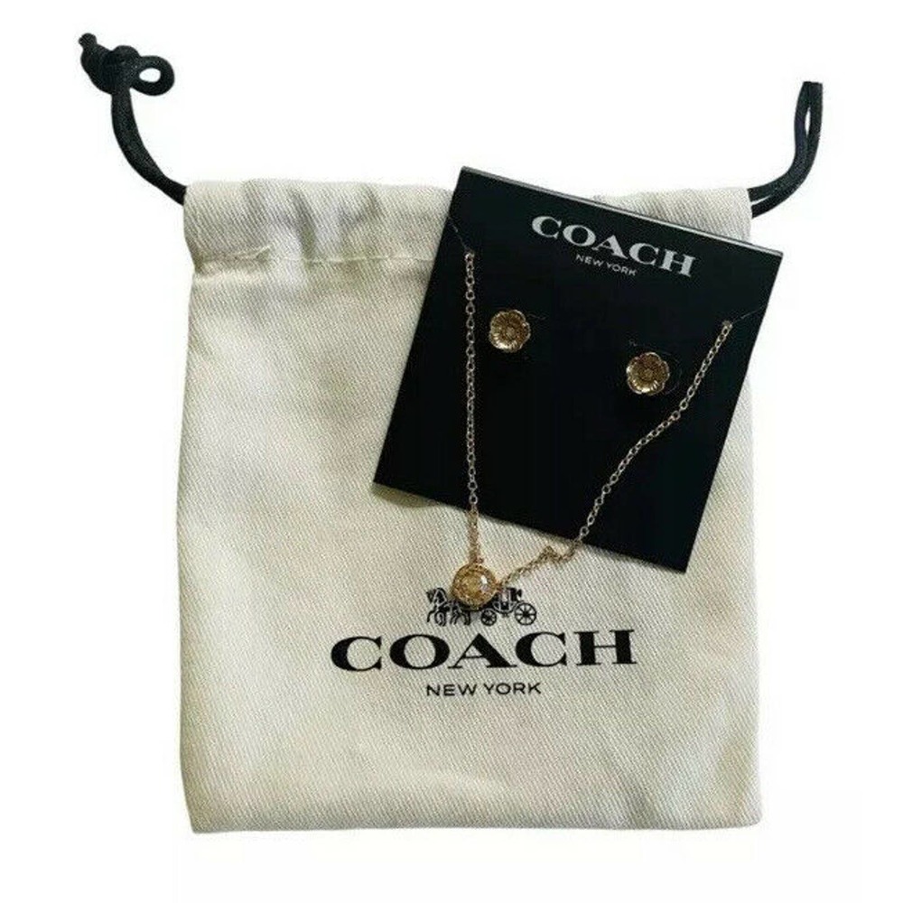 COACH - Rose Gold Open Circle Necklace & Tea Rose Stud Earrings Set - New